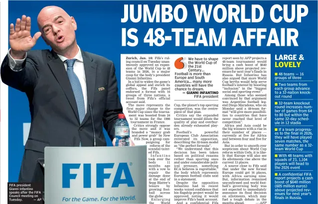  ?? —AP ?? FIFA president Gianni Infantino speaks after the FIFA Council meeting on Tuesday.