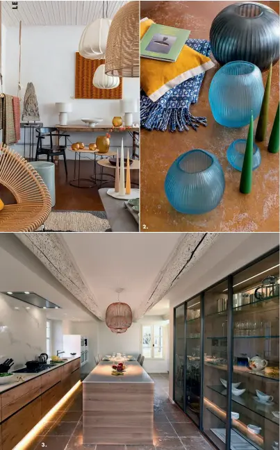  ??  ?? 1. 3. 2.
CI-DESSUS 1. Chez Paris-lauris, tapis, Toulemonde Bochart, fauteuil, Vincent Sheppard, suspension balinaise, lampes en papier mâché, panneau mural en laine feutrée, Burel Factory. 2. Vases en verre soufflé taillés à la main, bougies en cire naturelle, Esther & Erik, coussin et plaid, Burel Factory. 3. Chez Cuisines Fabre, le modèle historique « New Autrefois » associe chêne massif et plan de travail en quartz. Portes en cadre métal coloris bronze. Fours Miele suspendus dans cadre blanc laqué.