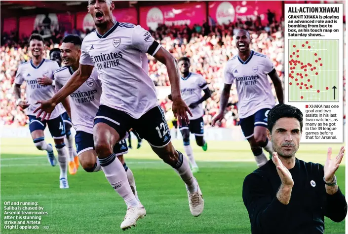  ?? REX ?? Off and running: Saliba is chased by Arsenal team-mates after his stunning strike and Arteta (right) applauds