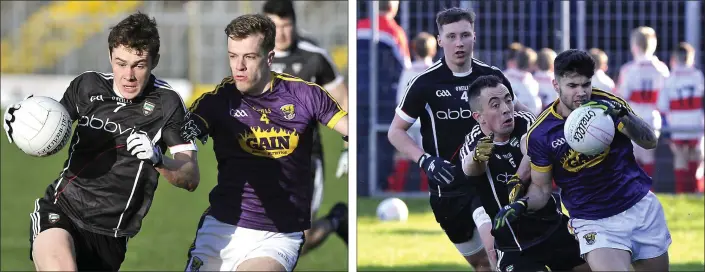  ??  ?? Wexford defender Jim Rossiter challenges Gerard O’Kelly-Lynch of Sligo. Corner-forward Paul Curtis tries to avoid the close attention of Sligo’s Neil Ewing.