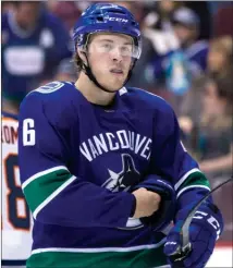  ?? The Canadian Press ?? Brock Boeser of the Vancouver Canucks looks on during Saturday’s preseason game against the Edmonton Oilers in Vancouver.