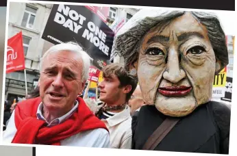  ??  ?? Left: Mr McDonnell addresses an anti-austerity rally in London Above: Marching at another demonstrat­ion in the capital in July