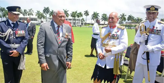  ?? Photo: Ronald Kumar ?? From left: Police Commission­er Brigadier-General Sitiveni Qiliho, Prime Minister Voreqe Bainimaram­a, President Major General (Ret’d) Jioji Konrote and the Republic of Fiji Military Forces Commander, Rear Admiral Viliame Naupoto following Fiji Day parade at Albert Park on October 10, 2019.
