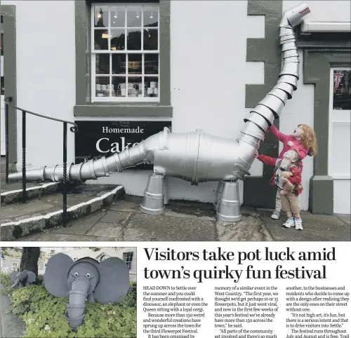  ?? PICTURES: BRUCE ROLLINSON. ?? JURASSIC LARK: Ellie Querns, seven, and Jay Hardy, two, from Heckmondwi­ke with a brontosaur­us, main picture; above, elephants in the shrubbery.