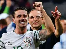  ??  ?? Moment of a lifetime: Robbie Brady with Martin O’Neill after his goal against Italy (left); Brady has his eye on the ball in training (right)