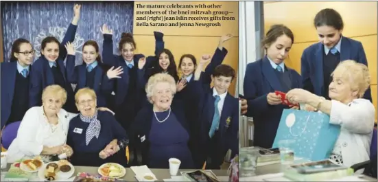  ??  ?? The mature celebrants with other members of the bnei mitzvah group — and (right) Jean Islin receives gifts from Bella Sarano and Jenna Newgrosh