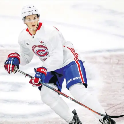  ?? JOHN MAHONEY ?? Jesperi Kotkaniemi, the Canadiens’ first-round draft choice, skates through a drill during a rookie camp workout at the Bell Sports Complex in Brossard on Thursday. While Kotkaniemi hopes to make the Habs squad, he will likely open the season in either Laval or back in Finland.