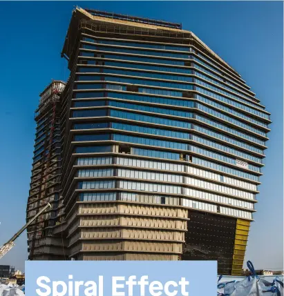  ??  ?? Ron Arad Architects’ 28-storey TOHA tower in Israel spirals upward from three sturdy legs that house the mechanical facilities on the ground level. Panelled with Dekton and ridged brass, the functional volumes achieve a stunning visual effect.
