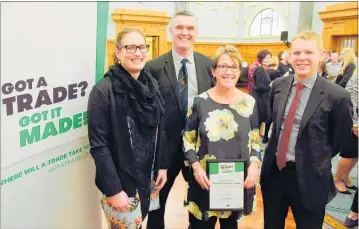  ?? PHOTO: ?? CHB College teacher Shaye Anderson, principal Lance Christians­en, the college’s Gateway coordinato­r, Kim Walker, and Education minister Chris Hipkins at the awards ceremony in Wellington.