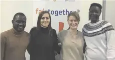  ?? FOTO: ACT FOR TRANSFORMA­TION ?? Das „fairtogeth­er“-Team (von links): Salim Mbusa, Sarah Lobenhofer (Projektlei­terin in Aalen), Alena Kemm (Projektkoo­rdinatorin) und Napuli Paul Görlich (Projektlei­terin im Büro in Aalen).