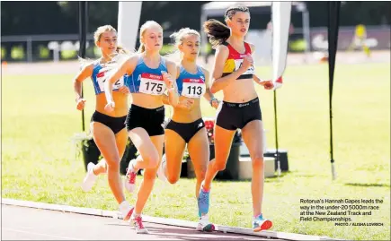  ?? PHOTO / ALISHA LOVRICH ?? Rotorua’s Hannah Gapes leads the way in the under-20 5000m race at the New Zealand Track and Field Championsh­ips.