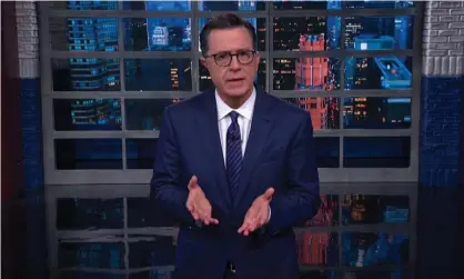  ??  ?? Stephen Colbert: ‘He’s won an all-you-can-televise impeachmen­t hearing, a trial in the world-famous Capitol building and a free helicopter ride out of Washington on Marine One.’ Photograph: YouTube