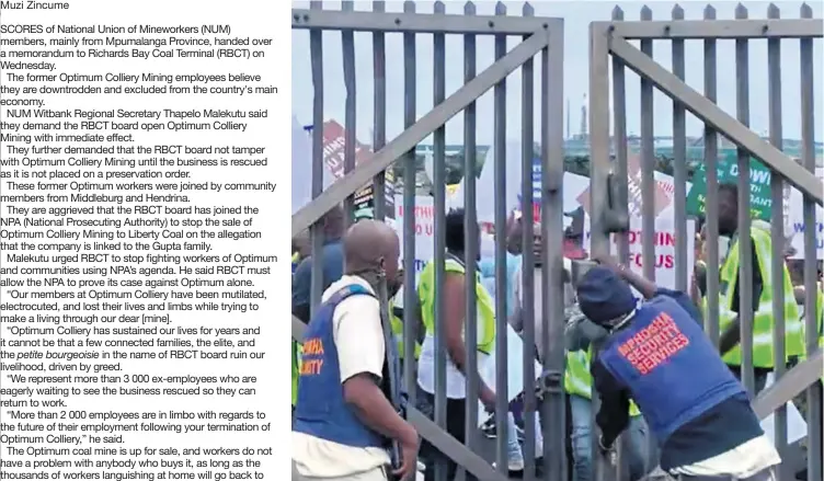  ?? ?? Security guards had to close the RBCT gates as disgruntle­d protesters wanted to force their way in