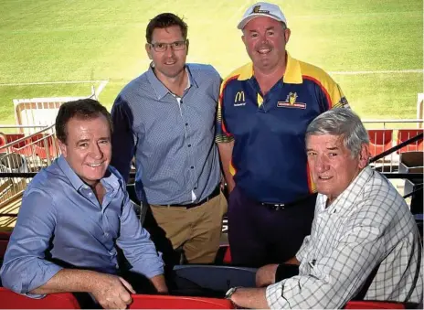  ?? Photo: Bev Lacey ?? GET YOUR TICKETS: At Clive Berghofer Stadium yesterday are (from left) Gold Coast Titans CEO Graham Annesley, Toowoomba Regional Councillor Geoff McDonald, Western Mustangs chairman Paul Reedy and Toowoomba rugby league legend John McDonald.