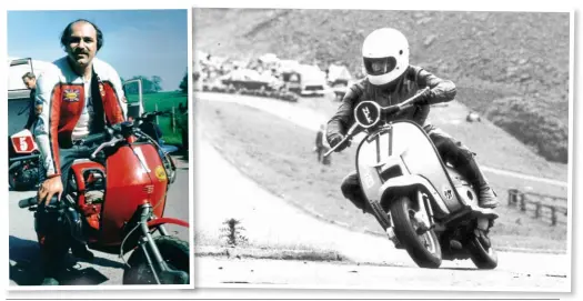  ??  ?? Above left: The late Dave Webster with whom Norrie set up the success story that was MSC. Above right: Norrie at Baitings Dam on the GP that Dave Webster sold him. The strange riding style compared to the Vespa meant this combinatio­n of rider and machine would be short lived.