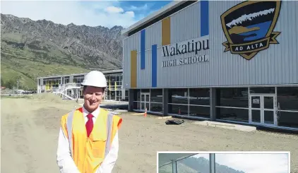  ?? PHOTOS: MANDY COOPER ?? Wrapper off . . . Principal Steve Hall outside the new Wakatipu High School in Frankton. Right: Project manager Blair Grier points to the other side of the school above the building’s internal outside area.