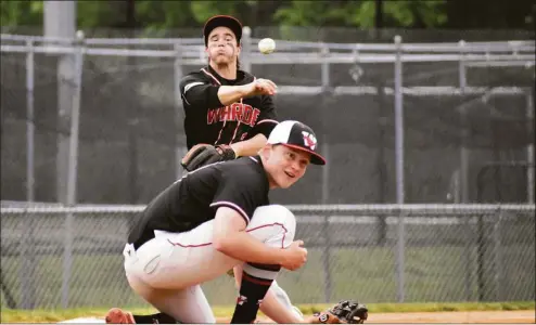  ?? Pete Paguaga / Hearst Connecticu­t ?? Warde’s Paddy Galvin throws to first while pitcher Aidan Dowd ducks during a baseball game at Trumbull on Friday. Warde won 7-2, clinching the top seed in the FCIAC tournament.