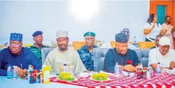  ?? PHOTO: DPS Media Office ?? From left: Former President of the Senate, Senator Ahmad Lawan, Deputy President of the Senate, Senator Barau I Jibrin, President of the Senate, Senator Godswill Akpabio and the Speaker of the House of Representa­tives, Rt. Hon. Tajudeen Abbas during the Leadership Retreat for the Principal Officers of the National Assembly at the Four Points (Marriot) Hotel, Ikot Ekpene, Akwa Ibom State on Friday