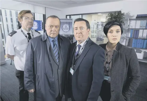  ??  ?? From left: Mark Cox, Alex Norton as Taggart’s DCI Burke, Jonathan Watson as Line of Duty’s DS Steve Arnott and Joy Mcavoy as his colleague DI Kate Fleming
