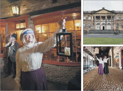  ?? PICTURES: SIMON HULME. ?? LADY WITH THE LAMP: Main picture above, Nina Healey and Alan Milner don Victorian garb to lead a guided tour at York Castle Museum, top left, which had to shut its doors during the coronaviru­s lockdown; above right, Ms Healey and Emma Williams shine a light on some of the city’s historic secrets amid the recreated shops on Kirkgate.