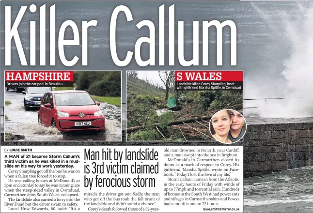  ??  ?? Drivers join the car pool in Beaulieu... Landslide killed Corey Sharpling, inset with girlfriend Marsha Spittle, in Cwmduad