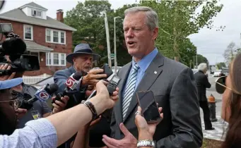  ?? STUART CAHILL PHOTOS / HERALD STAFF ?? ‘GET IT DONE’: Gov. Charlie Baker speaks to reporters and to Mayor Martin Walsh, below, at the ribbon-cutting Thursday for the Weinberg House senior housing complex in Brighton.