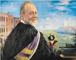 ?? FRANK ZOCHIL ?? A painting of Bryan Wylie as Senior Master of Hillfield Strathalla­n College, at the Grand Canal in Venice, Italy. The painting is by the late Doug Moore.