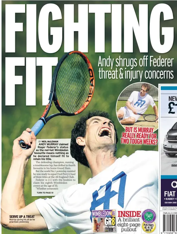  ??  ?? Murray giving his all as he practises yesterday SERVE UP A TREAT BUT IS MURRAY REALLY READY FOR TWO TOUGH WEEKS?