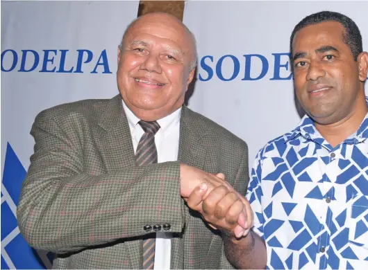  ?? Photo: Ronald Kumar ?? Newly appointed SODELPA leader, Viliame Gavoka, and deputy party leader, Filimoni Vosarogo, after the party’s annual general meeting at the Novotel Convention Centre on November 28, 2020.