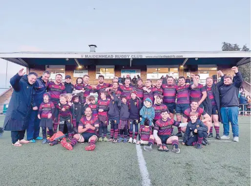  ?? ?? Maidenhead's senior and junior players celebrate their 24-20 win over Sutton & Epsom at Braywick Park.