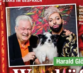  ??  ?? Seit 30 Jahren glücklich: Glööckler und Ehemann Dieter Schroth. Hier mit Hund Billy King