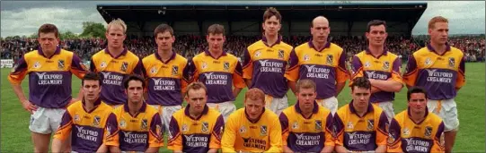  ??  ?? The Wexford Senior football team before the 2-15 to 0-11 Leinster championsh­ip replay loss to Longford in Pearse Park on May 16, 1999. Back (from left): Michael Mahon, Willie Carley, Seán O’Shaughness­y, Pat Forde, Ollie Kinlough, John Harrington (R.I.P.), Mick Kavanagh, Rory Stafford. Front (from left): Donal Redmond, Scott Doran (R.I.P.), Colin Sunderland, Ollie Murphy (capt.), Leigh O’Brien, Jason Lawlor, John Hegarty.