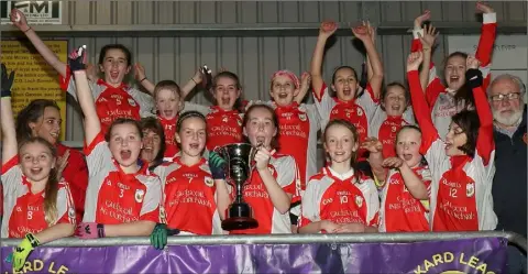  ??  ?? Gaelscoil Inis Corthaidh celebrate after accepting the trophy.