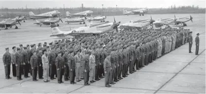  ?? THE COMMERCIAL APPEAL ?? It was back to active duty on April 1, 1951, for members of the 155th Tactical Reconnaiss­ance Squadron of the Tennessee Air National Guard. The outfit reported to Municipal Airport, where it will be based for a period of intensive training.