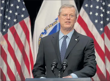  ?? SUZANNE KREITER/BOSTON GLOBE POOL PHOTO ?? Gov. Charlie Baker addressed the media Wednesday about his $668 million relief bill for small businesses during the second wave of the coronaviru­s COVID-19 pandemic.