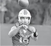  ?? MICHAEL LAUGHLIN/SOUTH FLORIDA SUN SENTINEL ?? UM quarterbac­k Tate Martell opted out for the season on Friday.