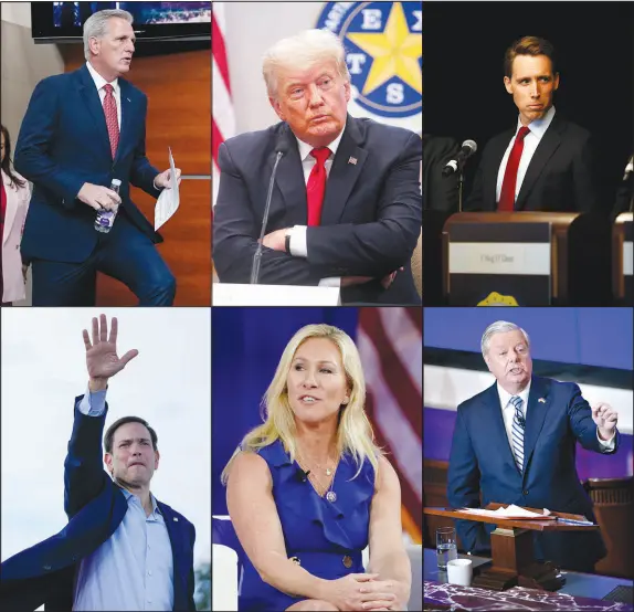  ?? AP FILE PHOTOS ?? Republican­s, including, clockwise from top left, House Speaker Kevin Mccarthy of California; former President Donald Trump; Sen. Josh Hawley of Missouri; Sen. Lindsey Graham of South Carolina; Rep. Marjorie Taylor Greene of Georgia; and Sen. Marco Rubio of Florida have advocated abortion restrictio­ns specific to minors, criticized the science behind abortion, issued warnings about the safety of abortion methods, penalized abortion providers and amplified the experience­s of those who later regretted the procedure. They’re applying those same arguments to push back on gender-affirming care for transgende­r and nonbinary minors.