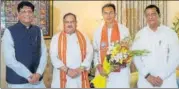  ?? PTI FILE ?? Former Congress MP Jitin Prasada joined BJP on Wednesday. He is seen along with BJP president JP Nadda, Union Minister Piyush Goyal (L) and BJP spokespers­on Anil Baluni (R).