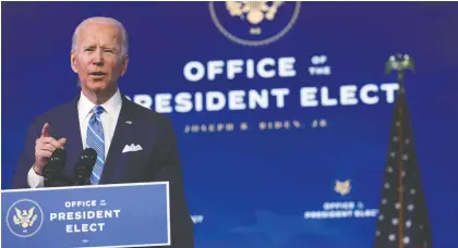  ?? ALEX WONG/GETTY IMAGES ?? President-elect Joe Biden aims to jump-start the nation's economy through a US$1.9 trillion economic relief plan.