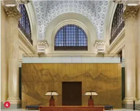  ??  ?? Right: the landscape images at the entrance to two of the three committee rooms are formed out of a series of large perforated bronze panels. The architects chose images of Newfoundla­nd’s Cape Race and Alberta’s Moraine Lake, then converted them into dot patterns. The panoramas look like photograph­s from old newspaper clippings