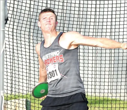  ?? RICK PECK/SPECIAL TO MCDONALD COUNTY PRESS ?? Peyton Barton puts everything he has into his final throw at the Missouri Class 4 State Track and Field Championsh­ips. Barton set a personal record of 153-0 feet to move from ninth to fifth in the standings with his throw.