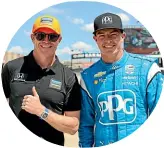  ?? ?? Kiwi Indycar stars Scott Dixon, left, and Scott Mclaughlin are thinking big with two races to go and seven drivers in the title hunt.