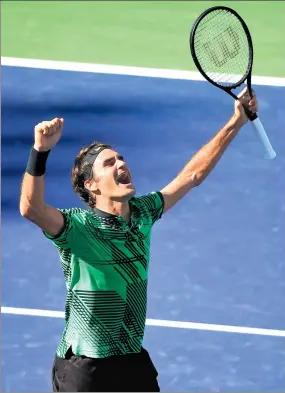  ?? AP / AFP ?? Roger Federer celebrates defeating Stan Wawrinka in Sunday’s final at the BNP Paribas Open in Indian Wells, California. Federer posted a 6-4, 7-5 victory to claim a record-tying fifth Indian Wells Masters crown. Below, Elena Vesnina of Russia poses...