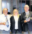  ??  ?? Duo Rutherglen’s Balloted pairs winners, Ian Stewart and Jimmy Simpson, with Elaine Gaughan of Burnside Travel