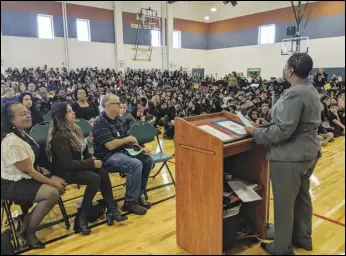  ?? JULIE DRAKE/Valley Press ?? Lancaster School District Superinten­dent Michele Bowers addresses the crowd gathered Thursday at Endeavour Middle School for a ribbon-cutting ceremony for the school’s new gymnasium.