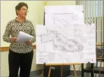  ?? EVAN BRANDT — DIGITAL FIRST MEDIA ?? Lower Frederick Township Engineer Carol Schuehler explains the history of the Goshenhopp­en Creek Overlay proposal with a map of the 48-lot Melbourne Hill project approved in 2008 in the background.
