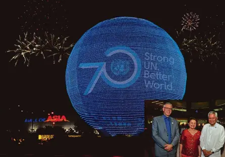  ??  ?? SM Mall of Asia Globe was one of the world landmarks that turned blue as the United Nations turned 70.