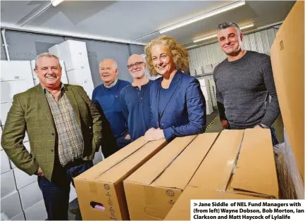  ?? ?? > Jane Siddle of NEL Fund Managers with (from left) Wayne Dobson, Bob Morton, Ian Clarkson and Matt Haycock of Lylalife