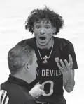  ?? RICK BOWMER/AP ?? Arizona State guard Jaelen House (10) argues with an official after a call in the first half Saturday against Utah in Salt Lake City.