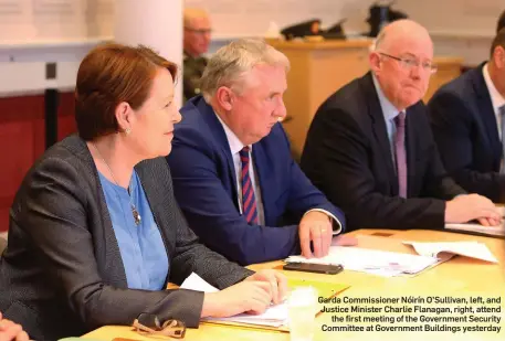  ??  ?? Garda Commission­er Nóirín O’Sullivan, left, and Justice Minister Charlie Flanagan, right, attend the first meeting of the Government Security Committee at Government Buildings yesterday